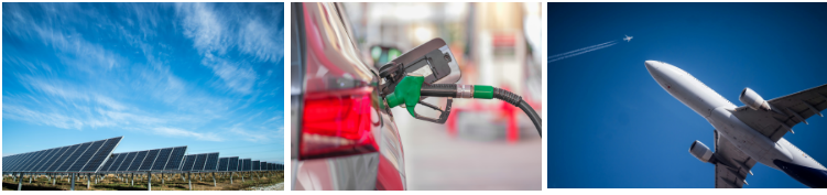 Solar farm, fuel pump and aircraft representing ISCC's three certification schemes