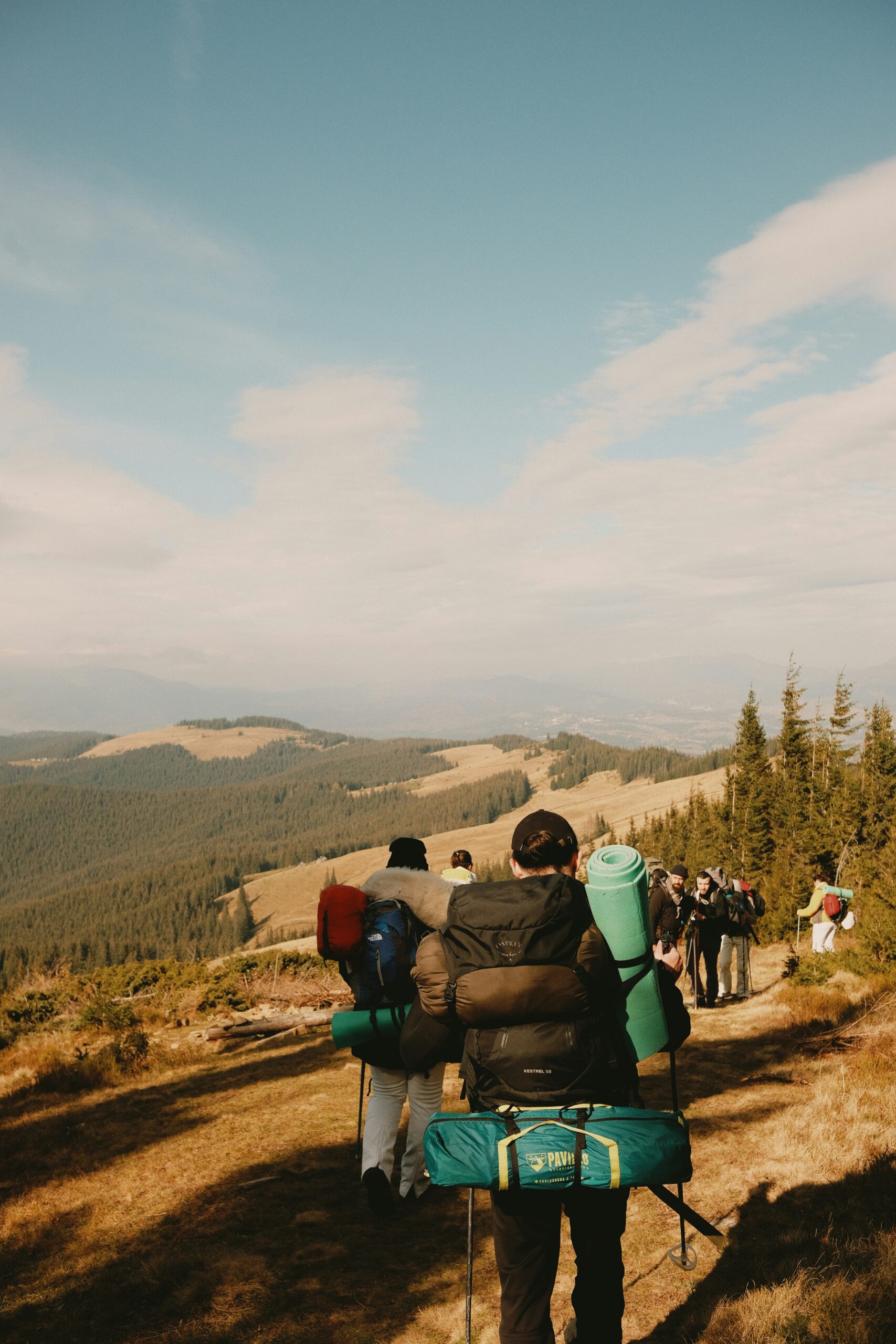 Group of hikers with backpacks walking toward the mountains